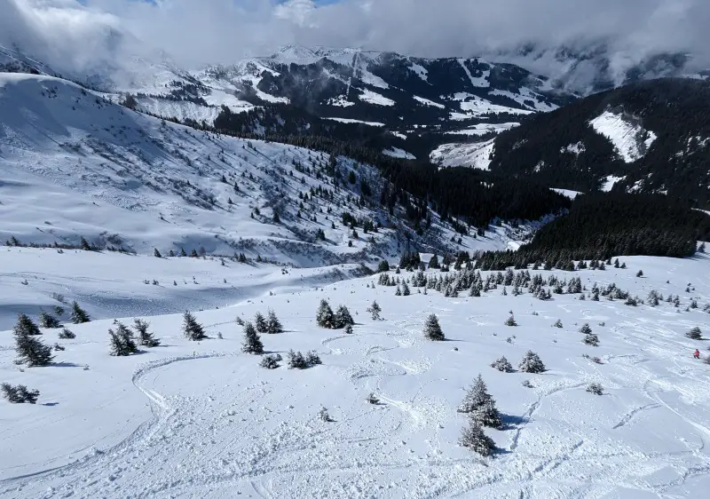 Off-piste freeride skiing in Evasion Mont Blanc below Mont Joly, toward Megève