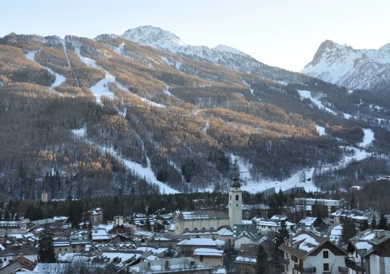 Bardonecchia ski resort with the town & Colomion-Melezet sector