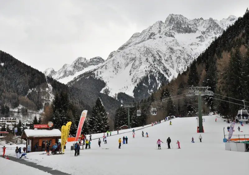 Tonale has sheltered skiing in the valley at Ponte di Legno.