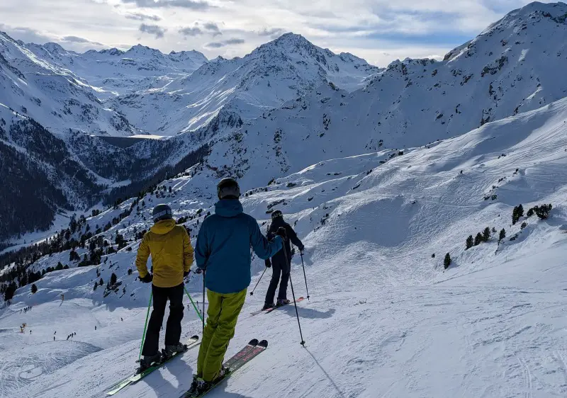 Skiers scope out the terrain to Siviez in the Nendaz Veysonnaz Thyon Printse ski sector of the 4 Vallees Switzerland
