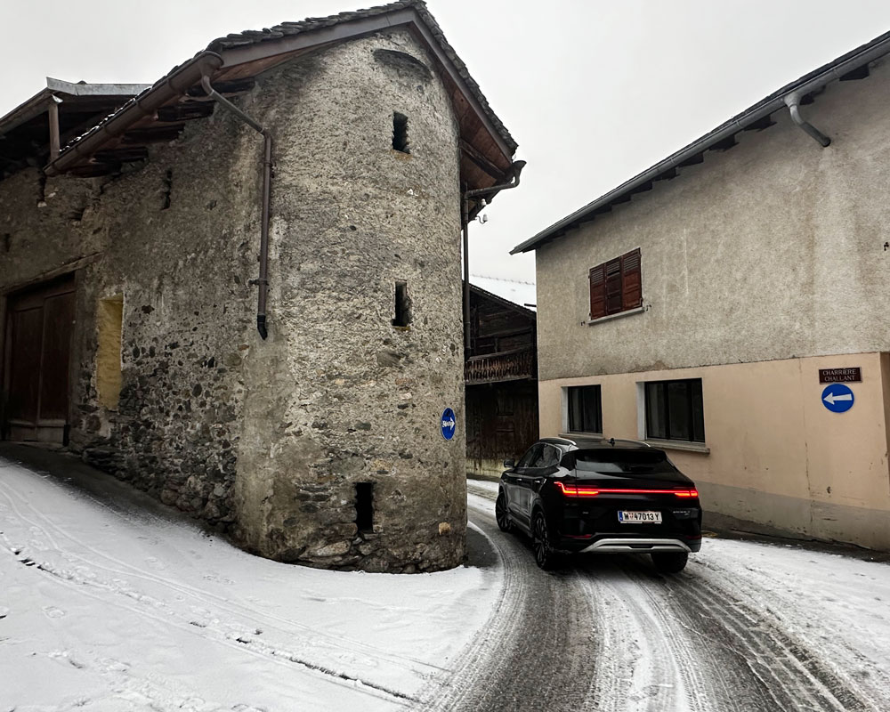 Our modern Chinese car in the historic Swiss town