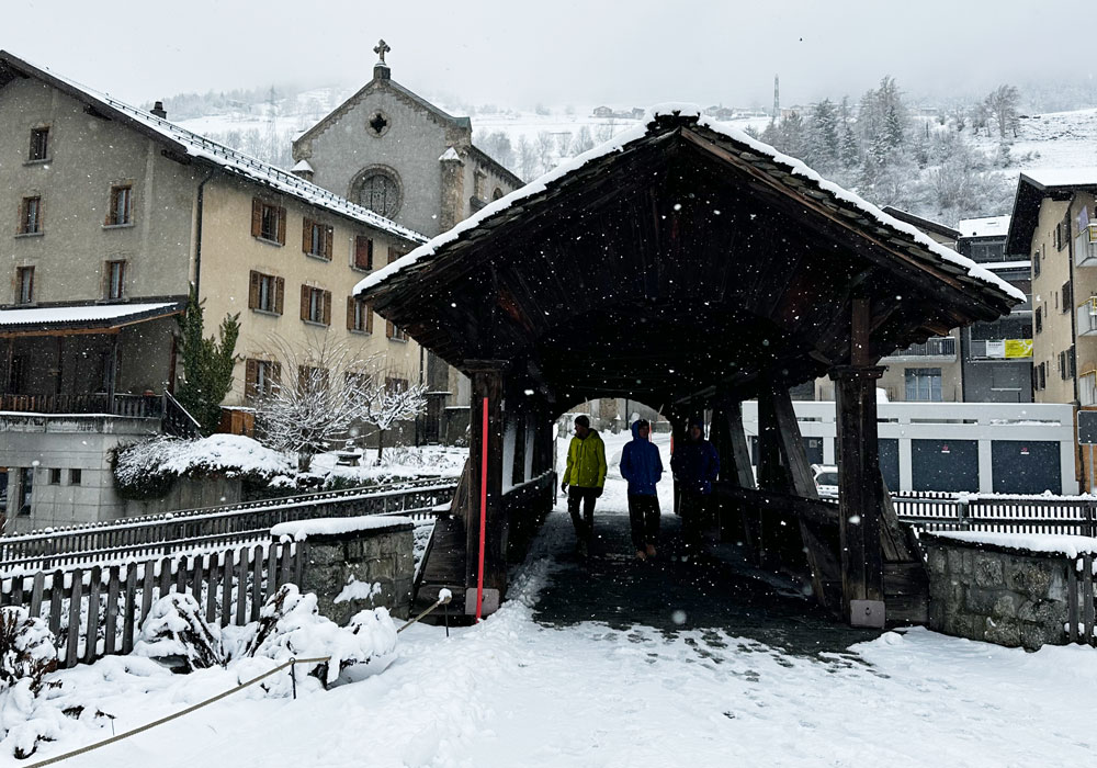Historic covered bridge in Orsières