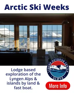 Arctic Ski Touring Weeks in Lyngen Alps Uloya Norway fast boat transport, lodge accommodation