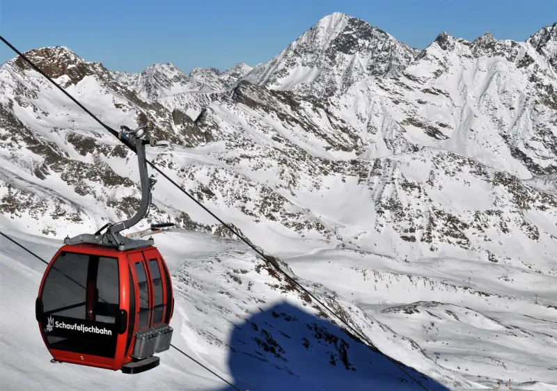 Schaufeljoch gondola climbs to the top of Stubai Glacier at 3,210m altitude 