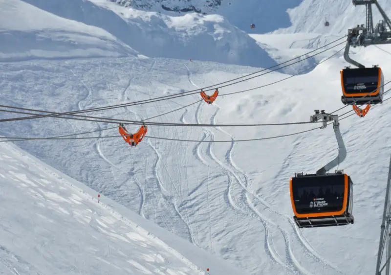 Schaufeljoch gondola climbs to the top of Stubai Glacier at 3,210m altitude 