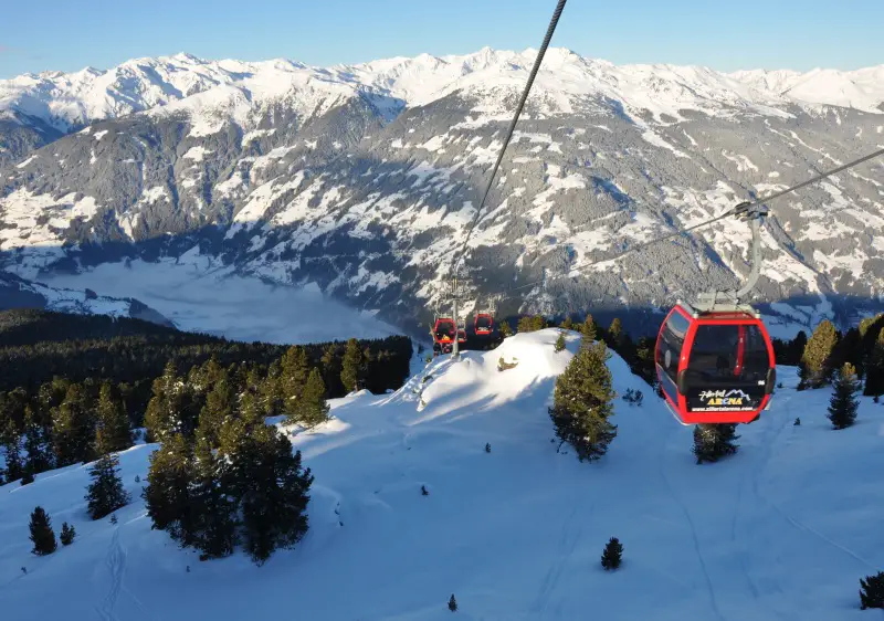 Karspitz gondola ascends from the valley up to Zillertal Arena ski resort