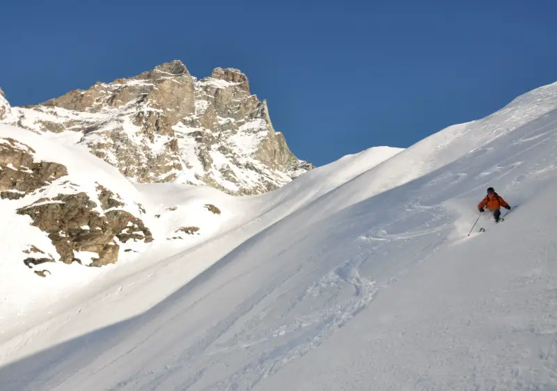 Skiing powder under the Matterhorn