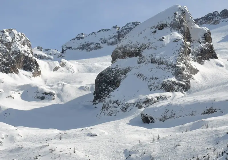 Amazing Dolomites off-piste ski terrain on Marmolada above Passo Fedaia