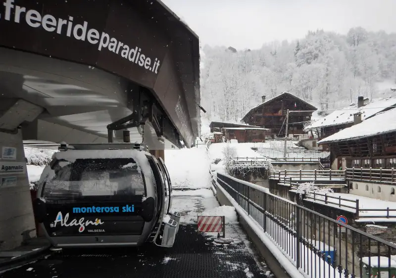 Gondola base at Alagna is the lowest point in Monterosa ski resort (1,212m)