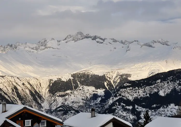 Belalp ski resort viewed from across the Rhone valley at Rosswald.