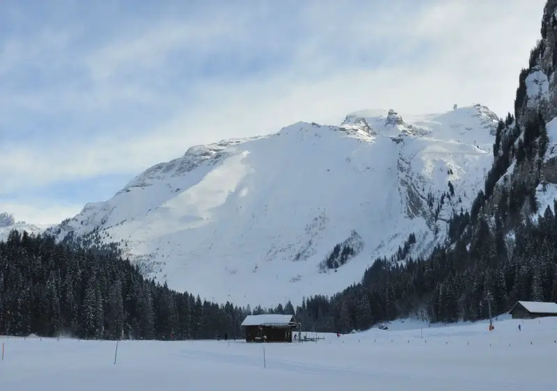 Laub freeride ski route visible from Untertrubsee at Engelberg