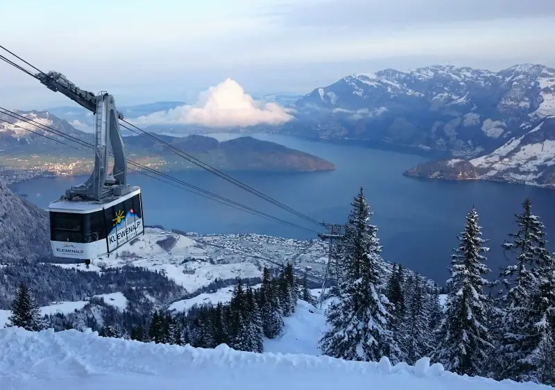 Klewenalp ski resort cable car above Lake Lucerne.