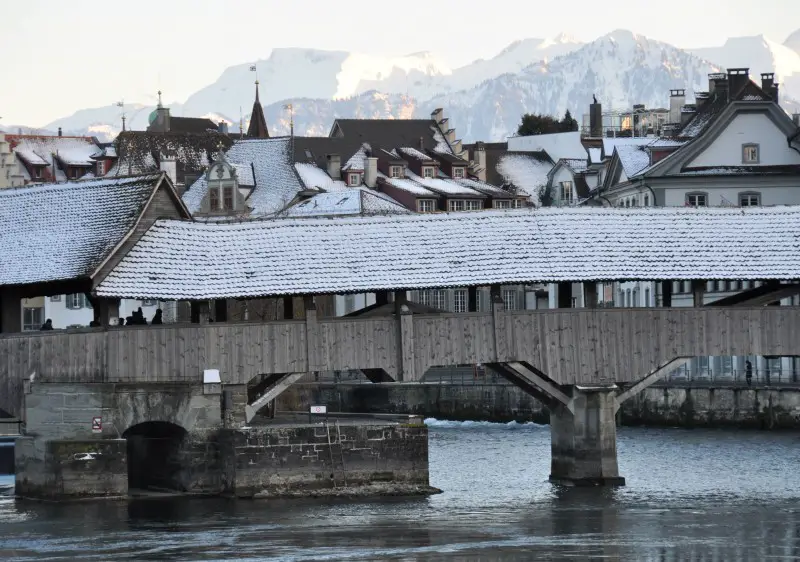 The beautiful Spreuerbrücke (Spreuer Bridge) spans the river at Lucerne Switzerland