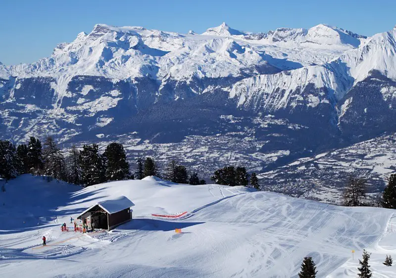 Nax Mont Noble ski resort above Sion & the Rhone River Valley in Switzerland