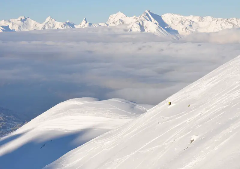 Nax Mont Noble ski resort above Sion & the Rhone River Valley in Switzerland