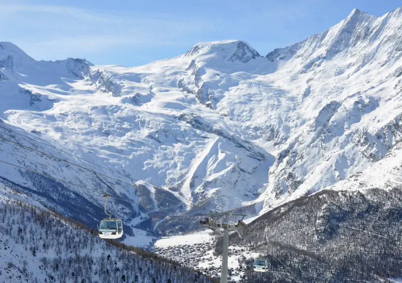 Saas Fee ski resort Switzerland viewed from Saas Grund