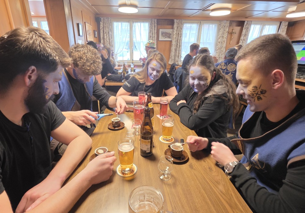 Meeting the local Guggenmusik band members at the Gasthaus Engel bar