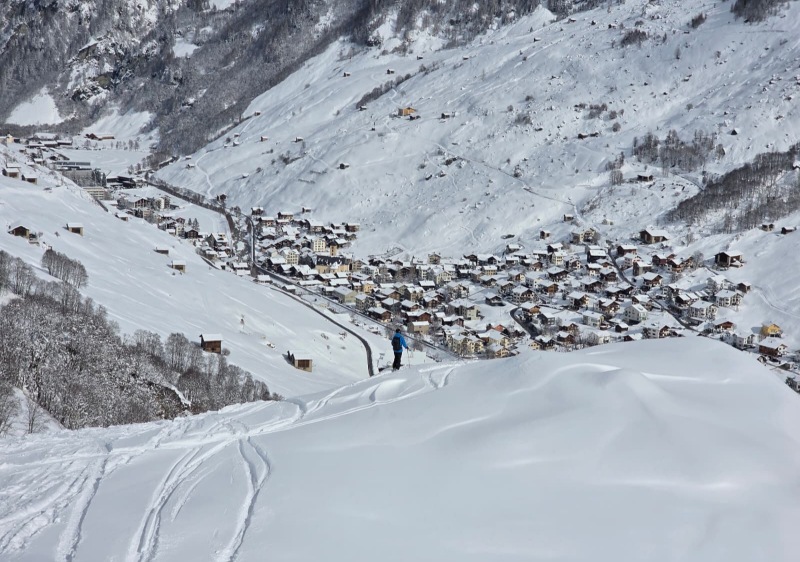 Overlooking Vals village on the off-piste valley descent
