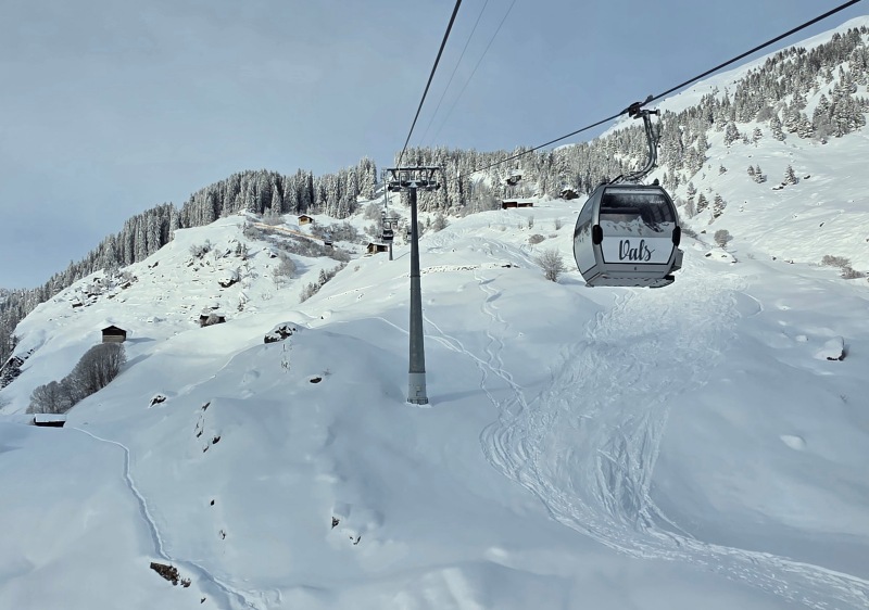 The free gondola at Vals & exceptional ski terrain below
