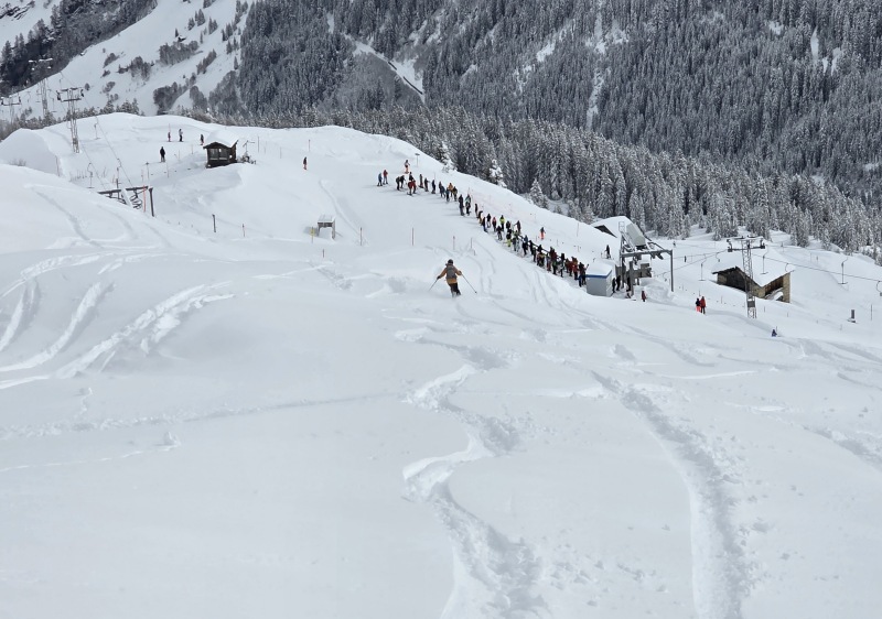 Powder skiing along the lift lines of Vals, Switzerland