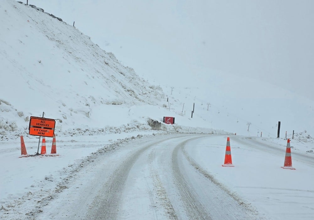 Snow-covered but well managed road on the way down
