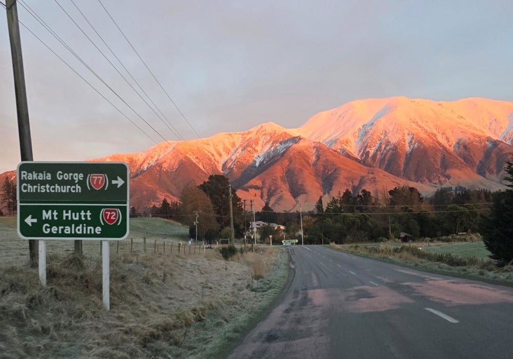 Sunrise glowing onto Mt Hutt